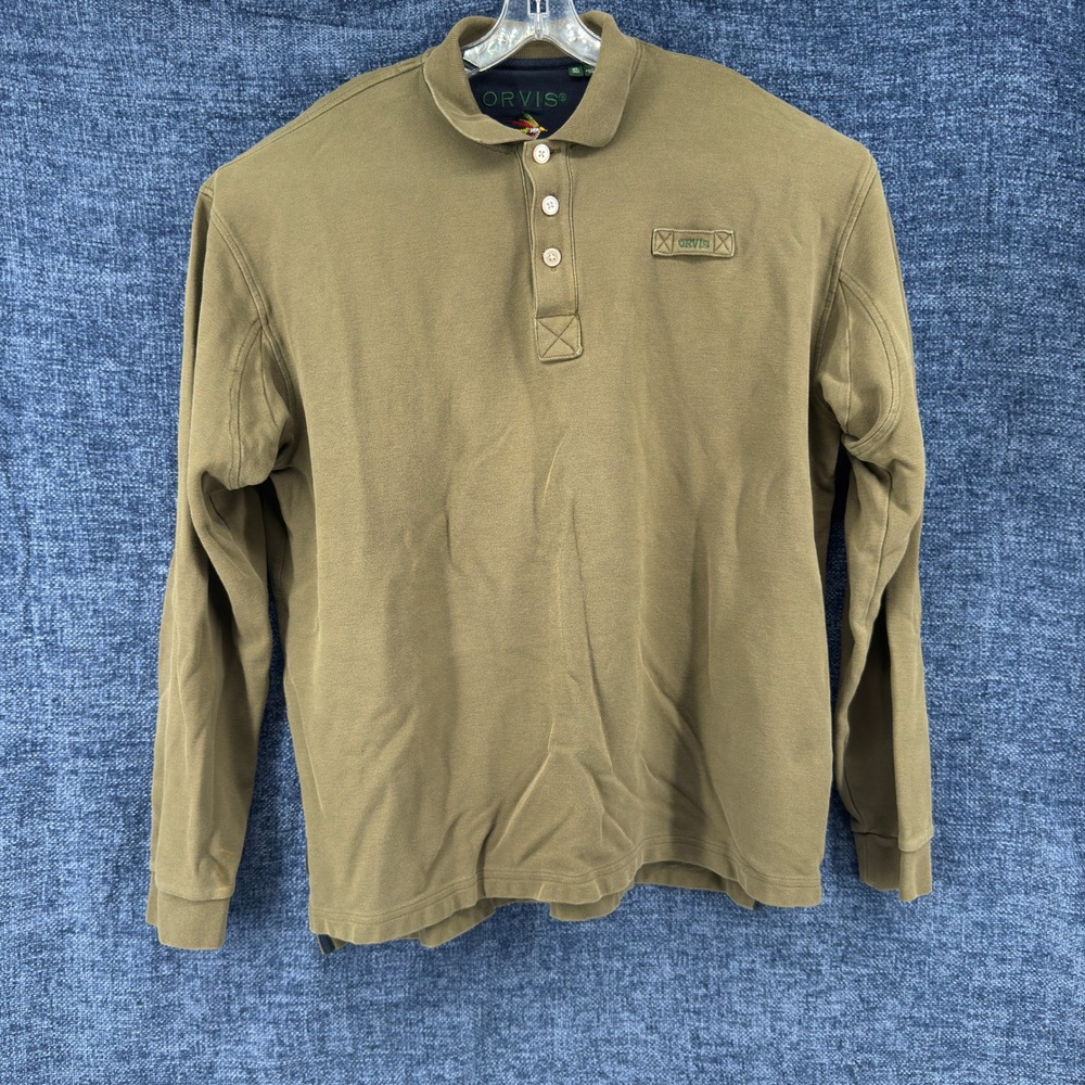 Orvis Polo Shirt Mens XL Tall Olive Green Cotton Regular Long Sleeve Gusset